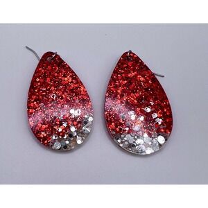Randan's Glitter Teardrop Earrings Red‎ Silver Resin Statement 2"